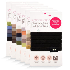 KOOSHOO front packaging showing five organic cotton hair ties, eco benefit