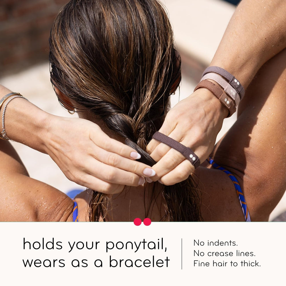 KOOSHOO hair tie on low pony demonstrating secure, crease-free hold and comfort