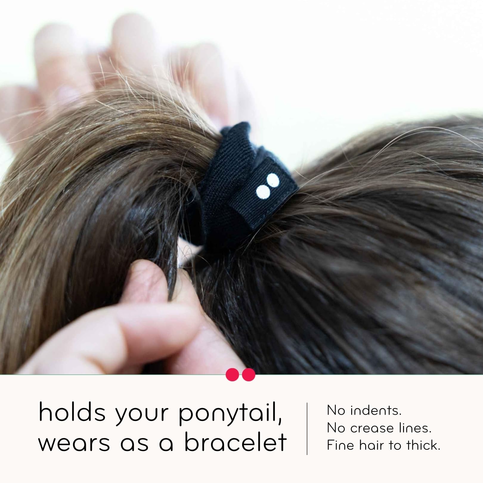 KOOSHOO hair tie holding a high ponytail on thick hair without creasing