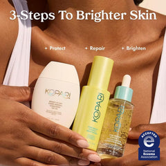 Kopari sunscreen next to makeup illustrating makeup-friendly finish