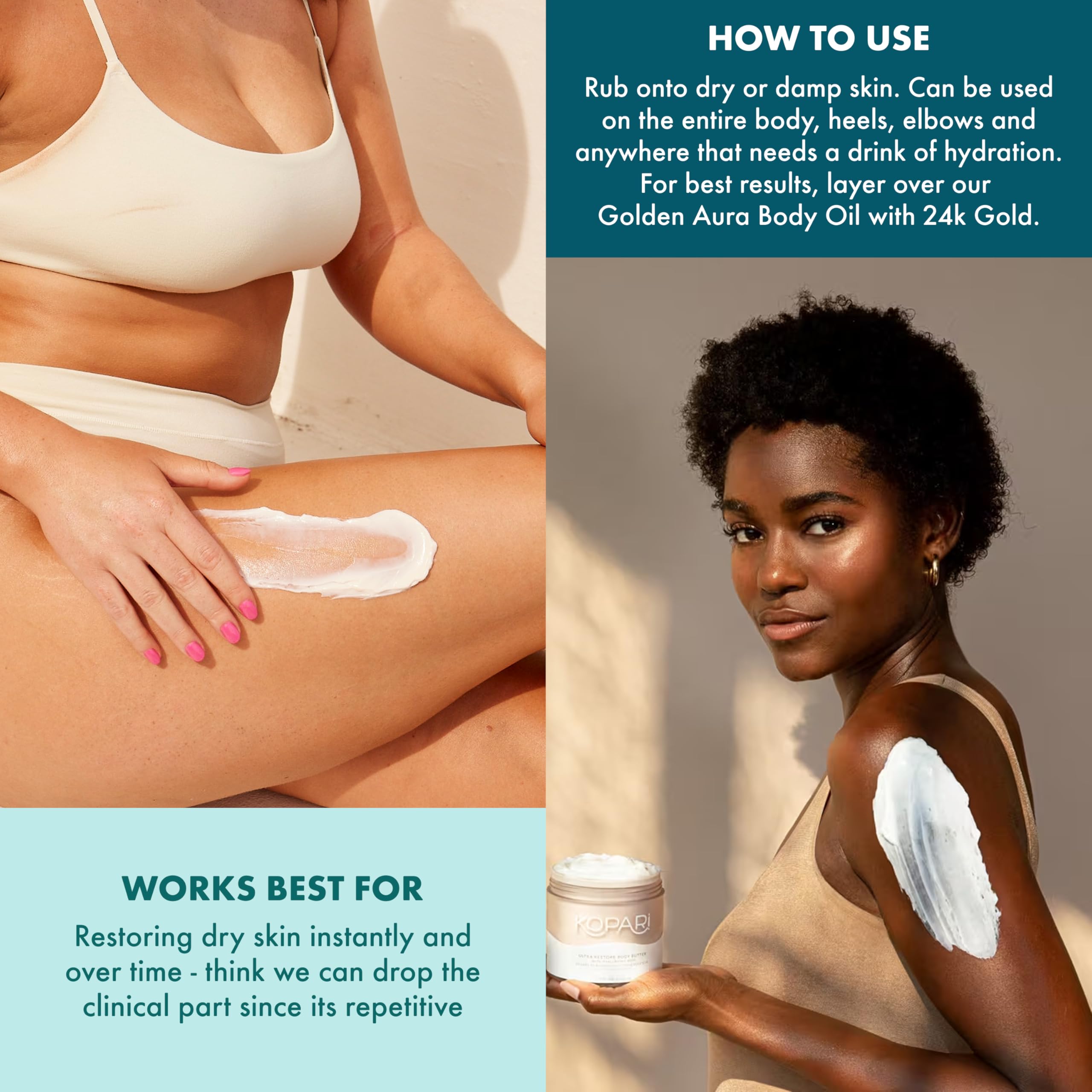 Kopari applied to elbow demonstrating smoothing of rough patches
