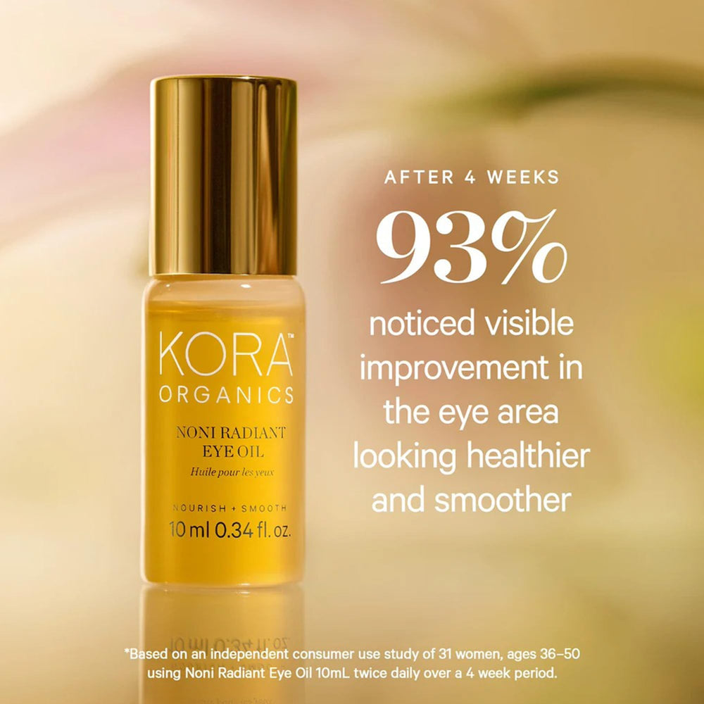 KORA Organics under-eye roller applied under eye illustrating precise targeted depuffing benefit