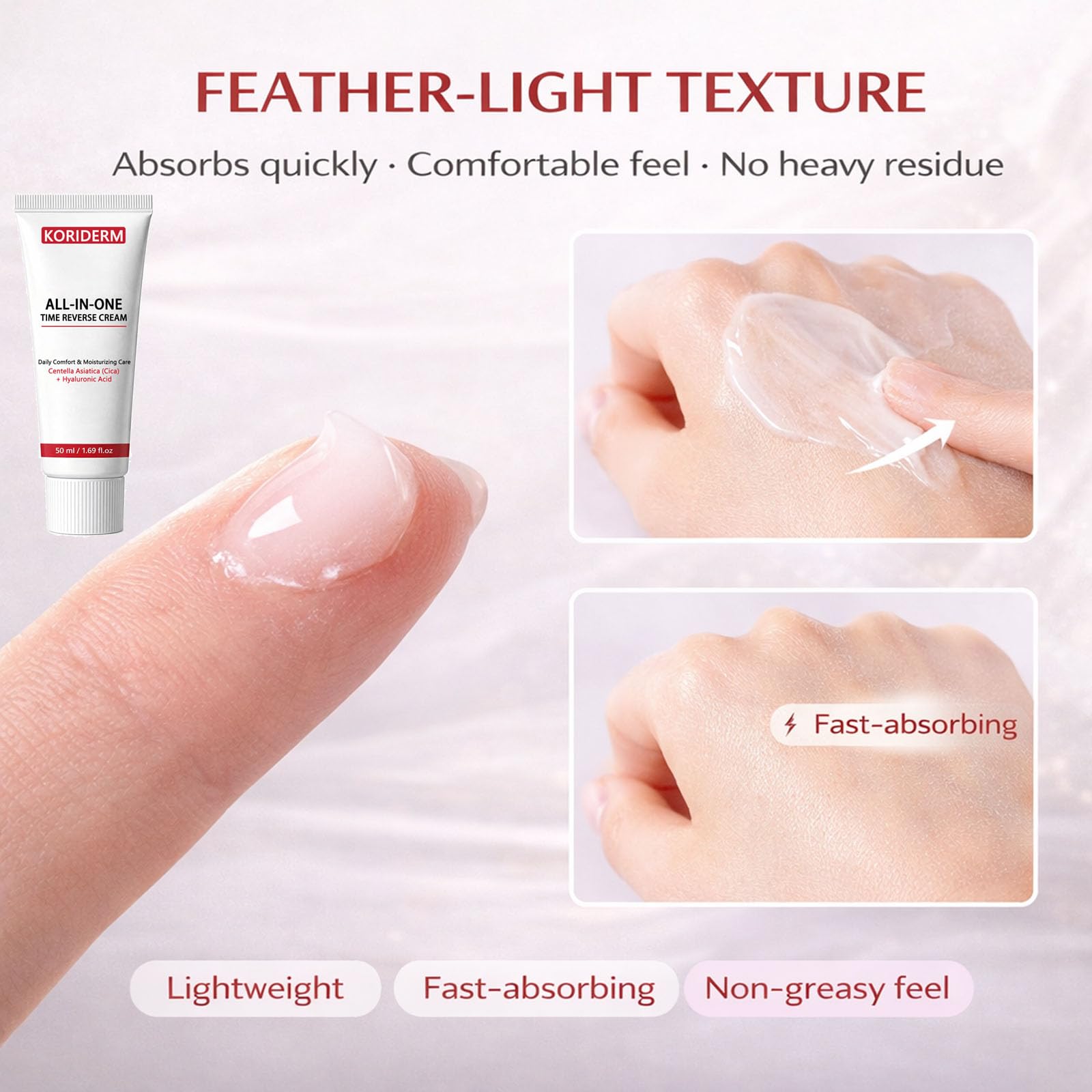 KORIDERM cream layered under makeup demonstrating non-greasy finish