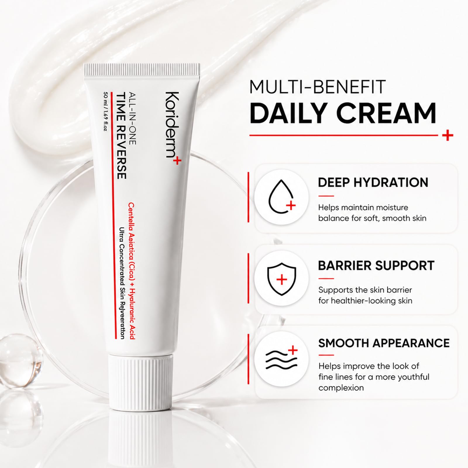 KORIDERM close-up texture of cream highlighting fast absorption and light feel
