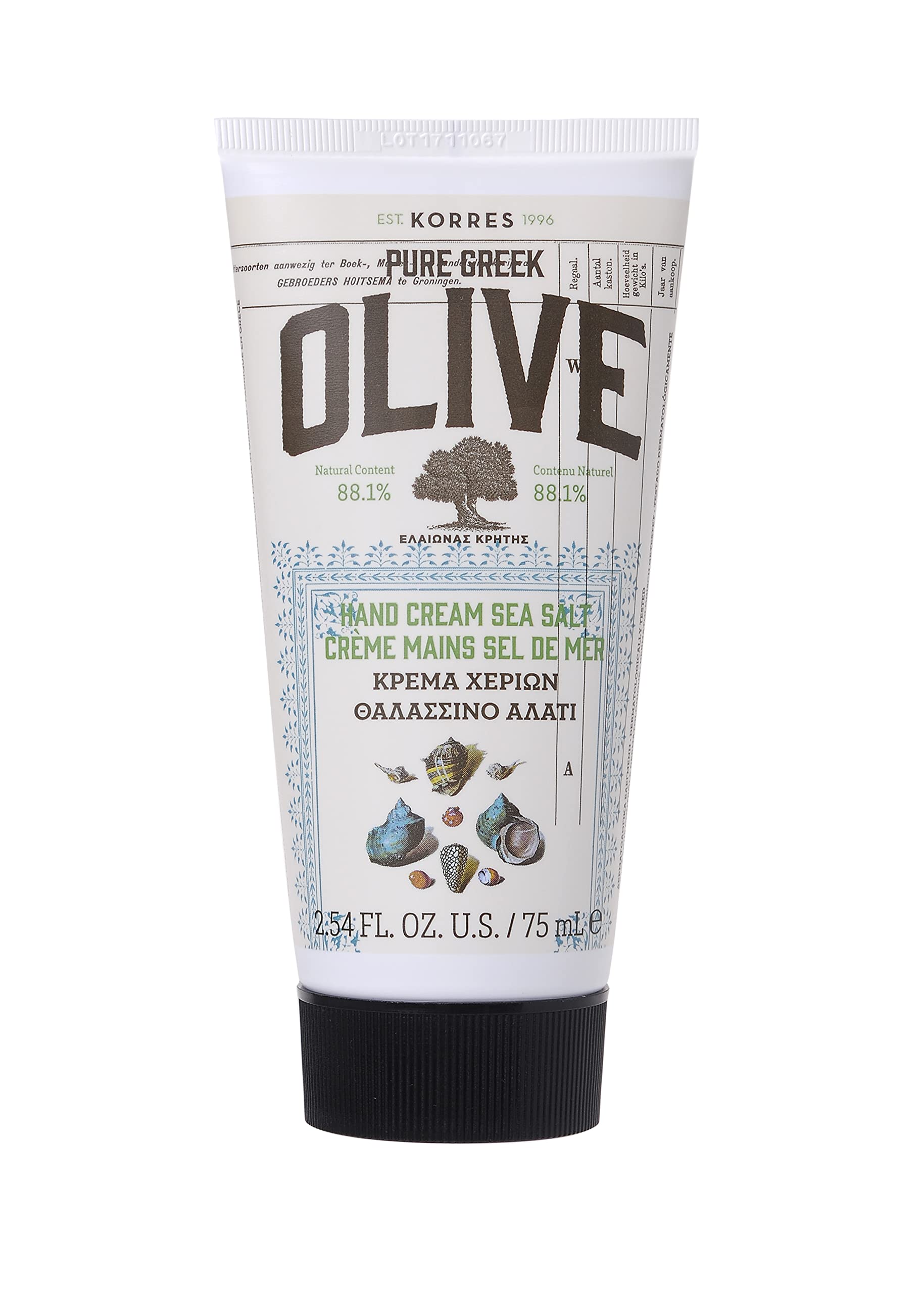 KORRES front tube showing olive hand cream and easy application