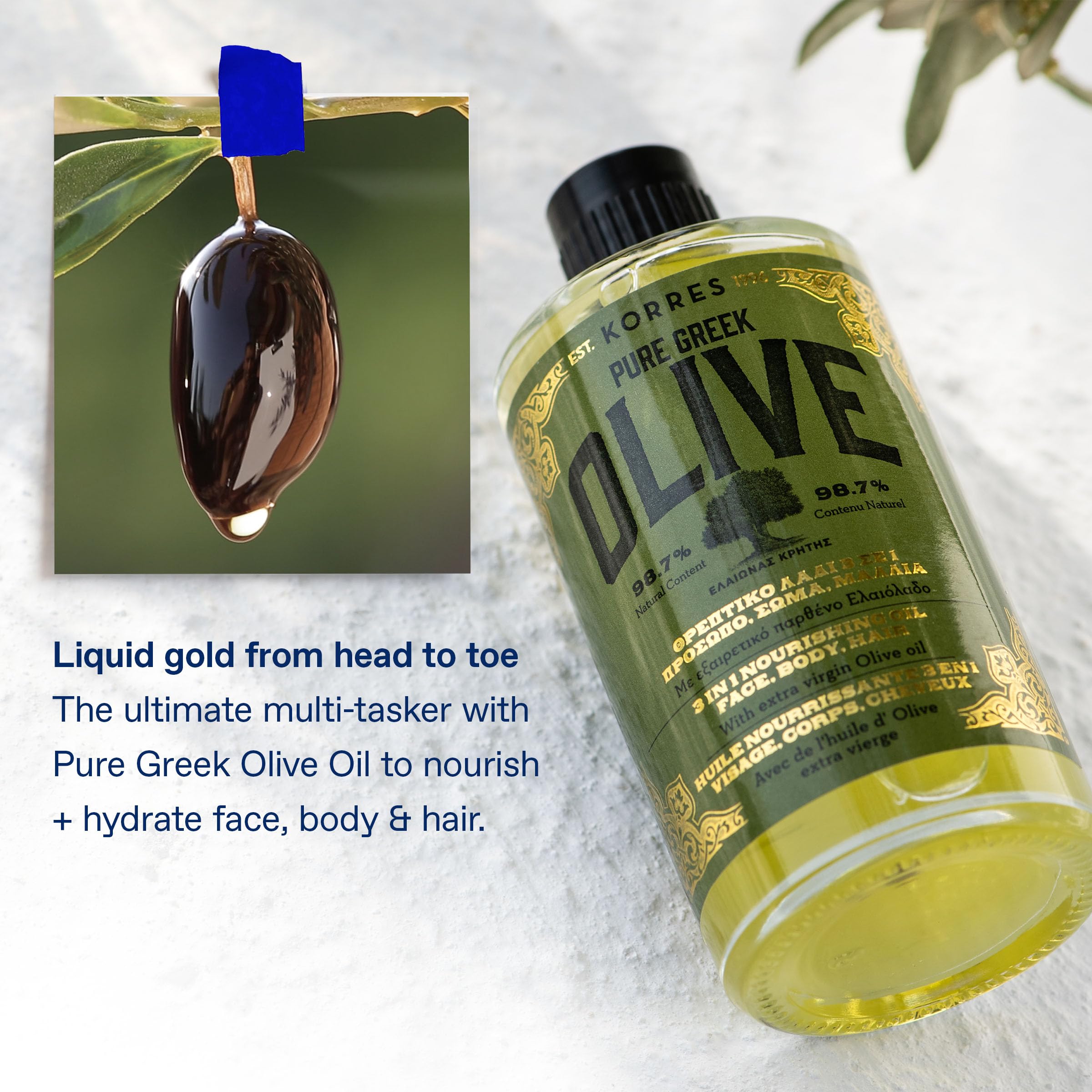 KORRES oil applied to hair ends showing smoother, nourished hair benefit