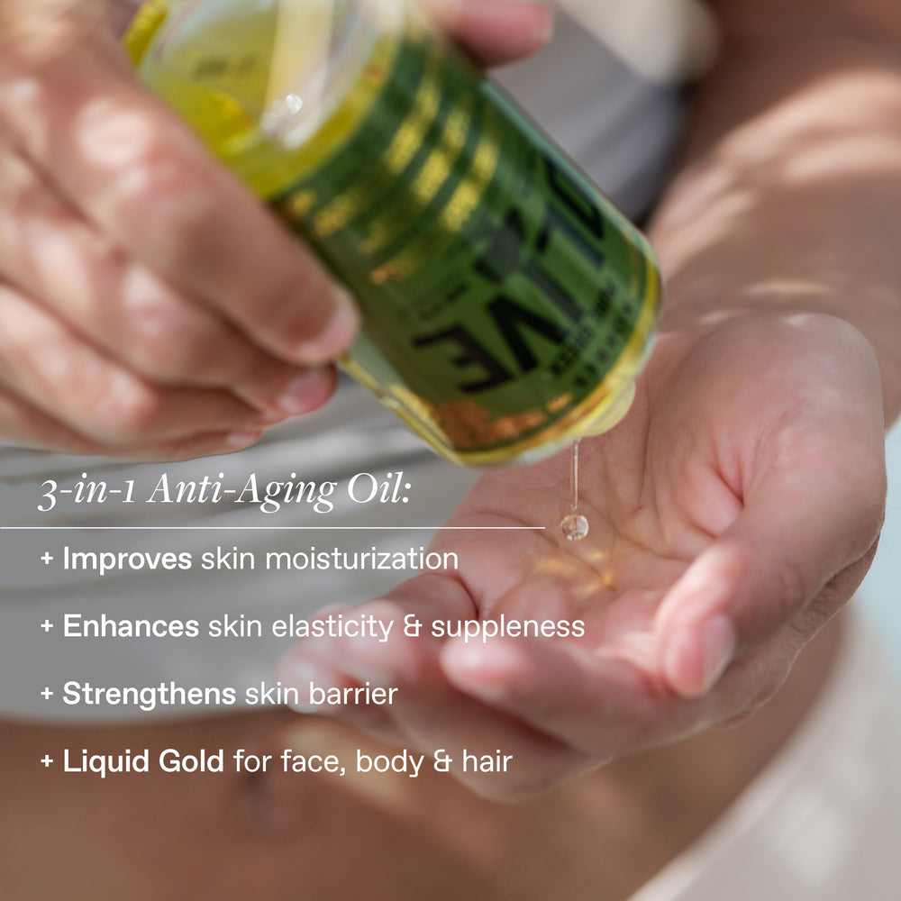 KORRES olive oil pouring from dropper highlighting pure cold-pressed texture benefit