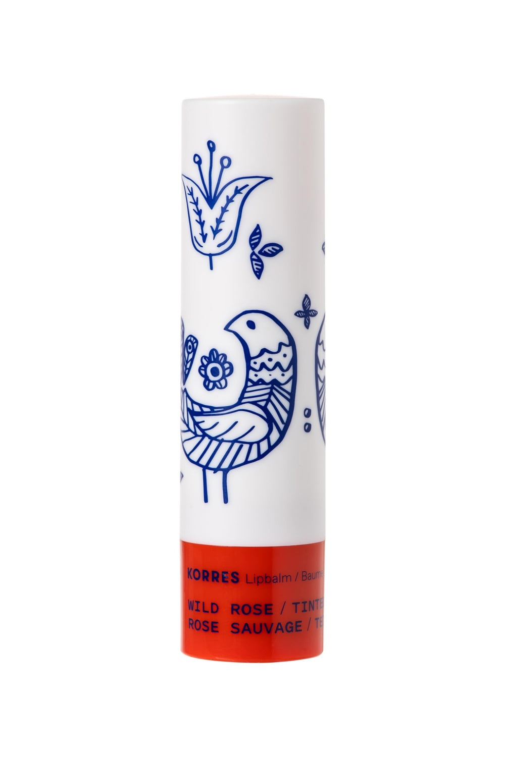 KORRES Wild Rose open cap and balm tip texture highlighting smooth glide benefit