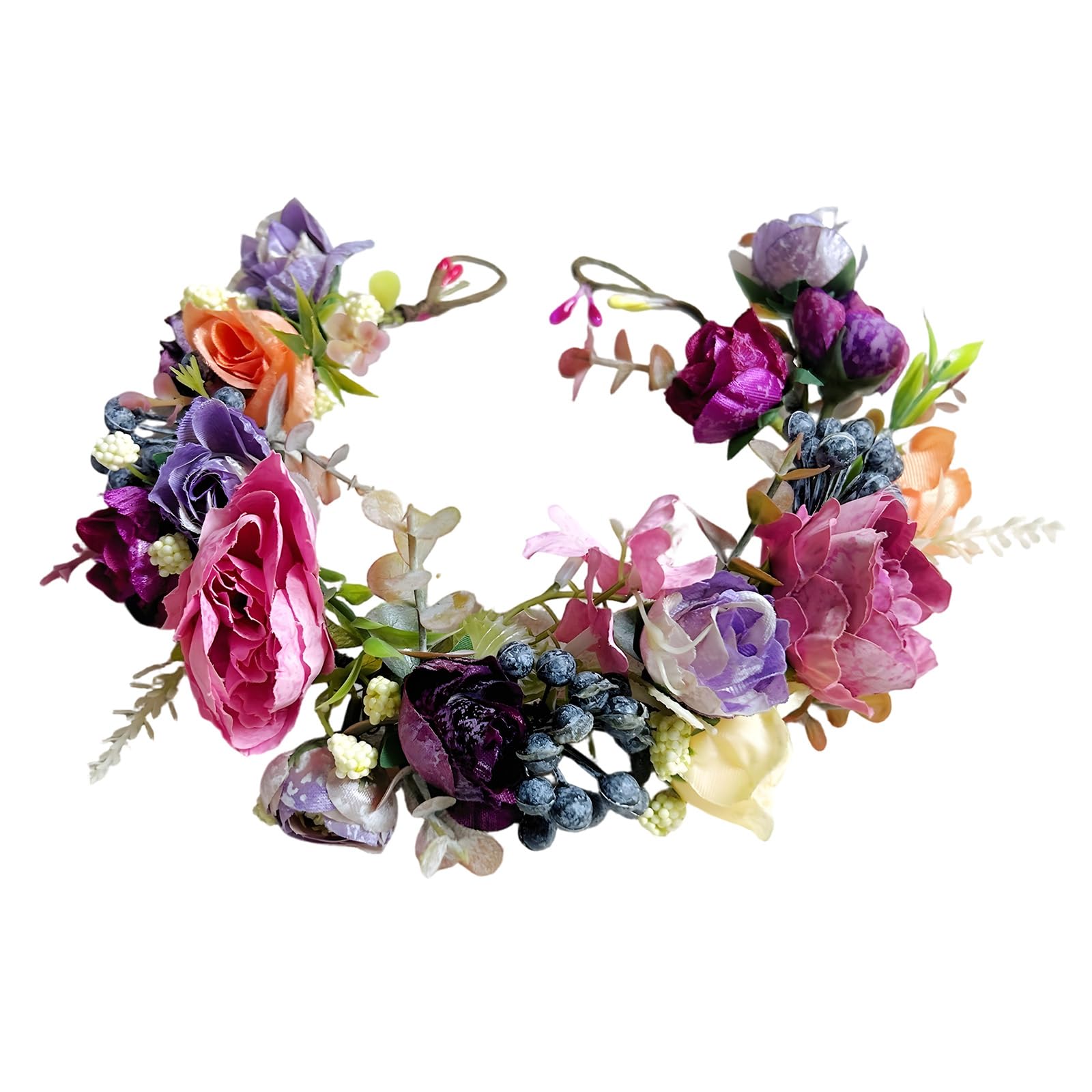 KorViSHOW front view of pink purple rose crown showing full arrangement and benefit of instant boho style