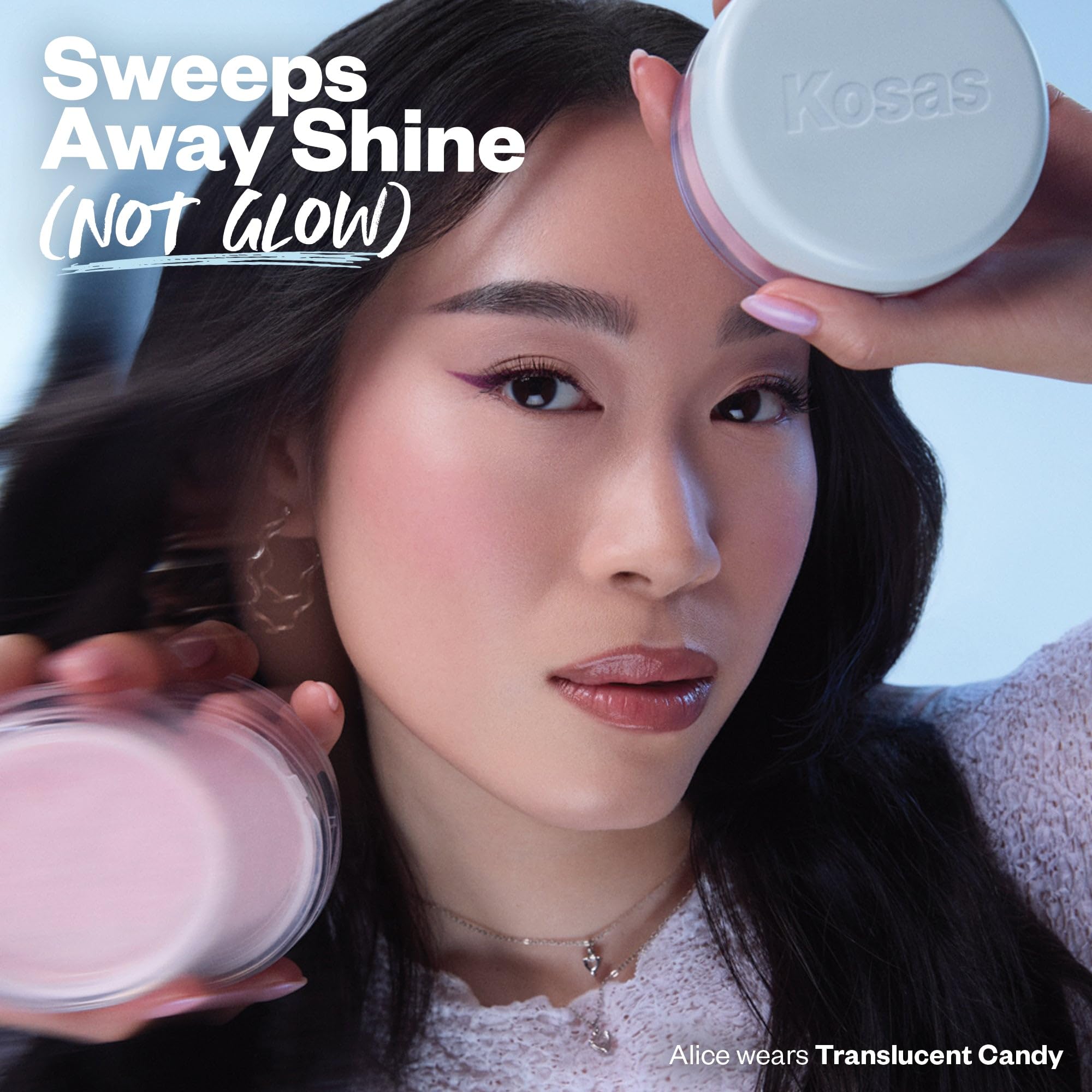 Kosas Cloud Set midday T-zone touch-up showing reduced shine and refreshed makeup look