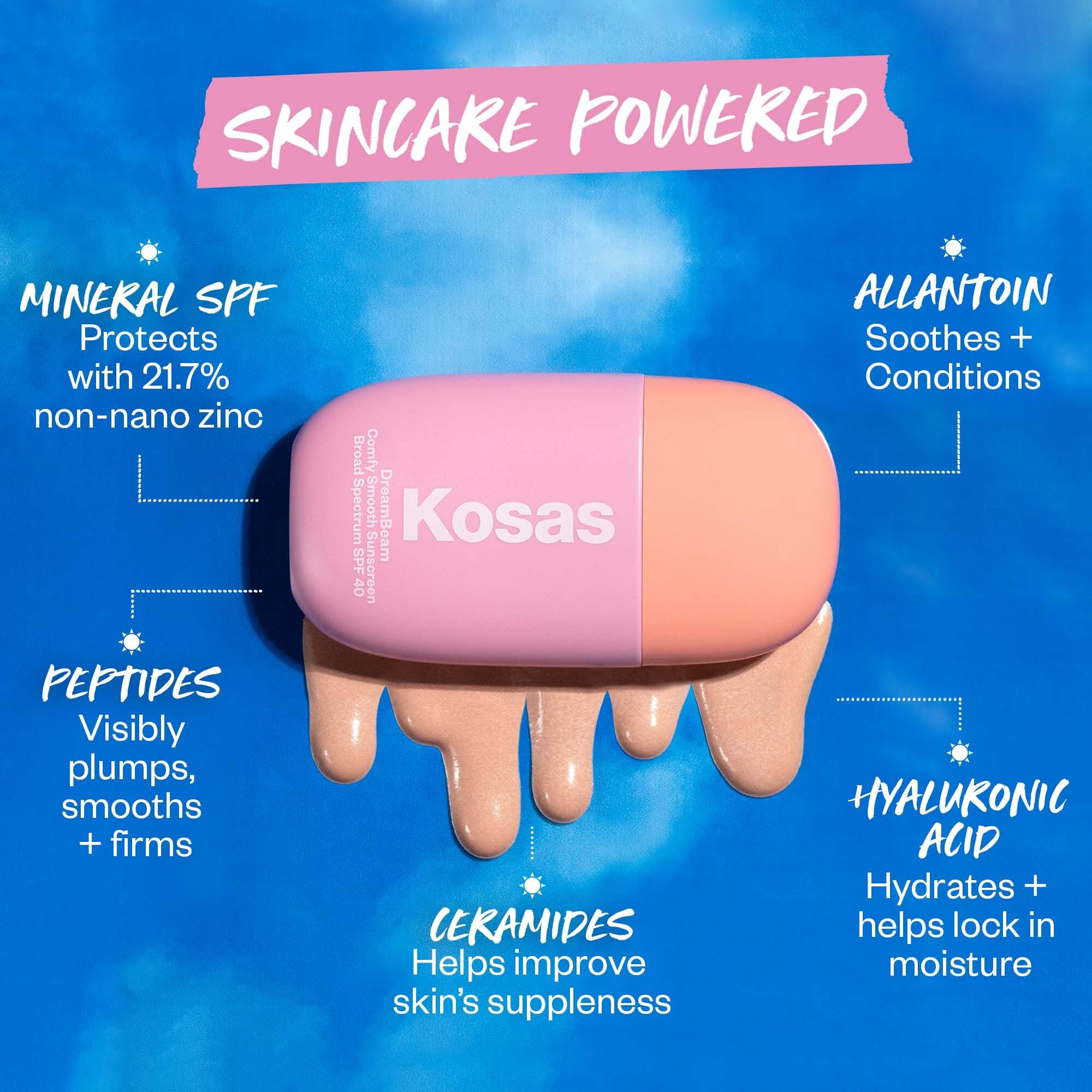 Kosas DreamBeam ingredients shot highlighting ceramides and peptides benefit