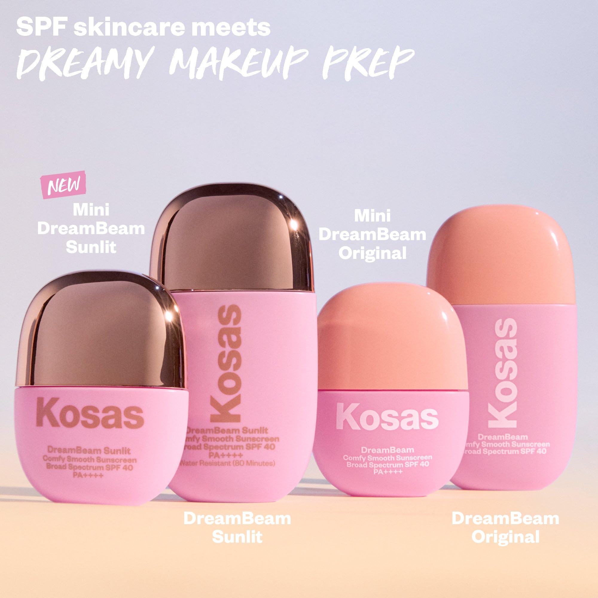 Kosas DreamBeam packaging label close-up showing SPF 40 mineral protection benefit