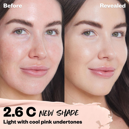Close-up swirl of Revealer concealer texture highlighting smooth, blendable formula for natural finish