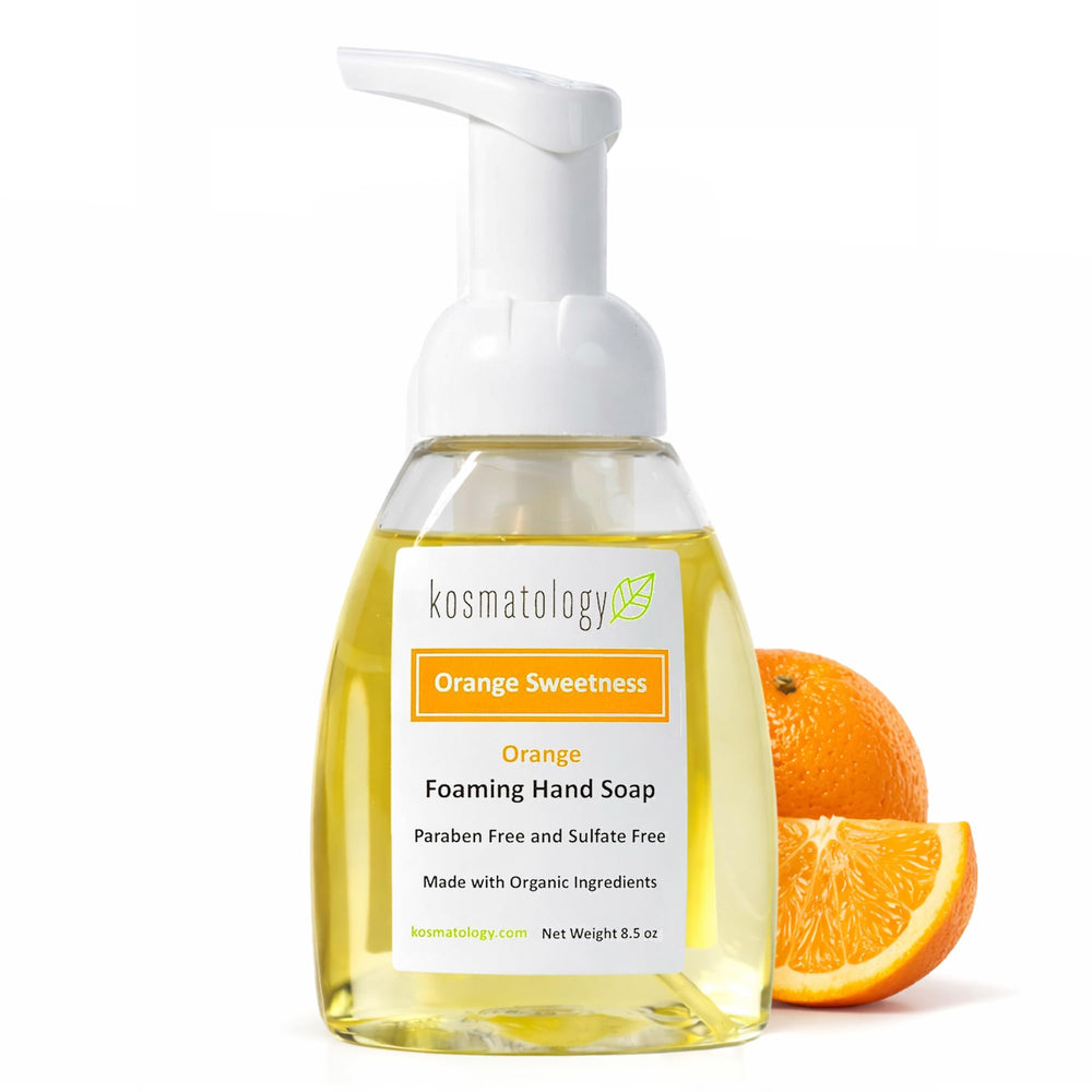 kosmatology front label bottle showing organic hand soap branding and benefits