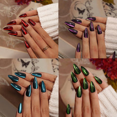 KQueenest close-up of almond medium stiletto nails highlighting smooth finish