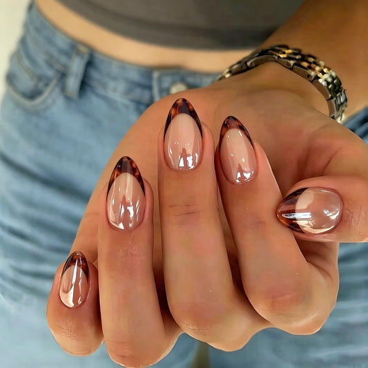 KQueenest close-up of mirror-effect French tip highlighting high-shine finish