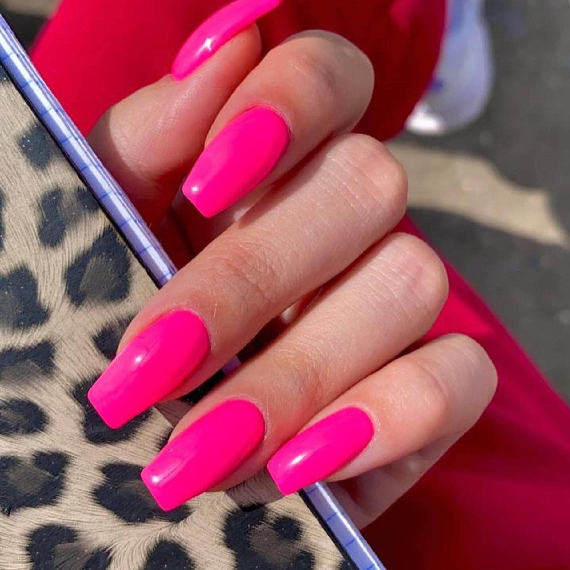 KQueenest front packaging showing hot pink press-on nails and brand for easy selection