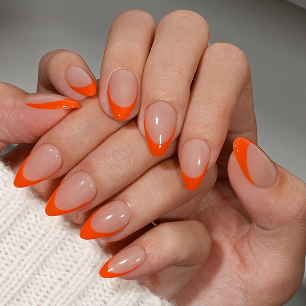 KQueenest front packaging showing neon orange French tip and 30-piece set benefit: ready-to-use