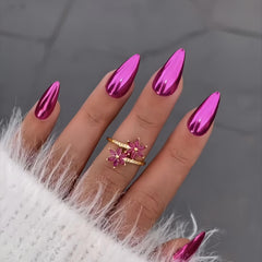 KQueenest front packaging showing 24-piece purple chrome press-on nails and benefits