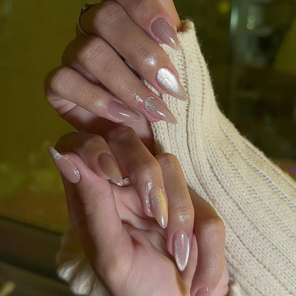 KQueenest press-on nail applied on finger, demonstrating instant salon look