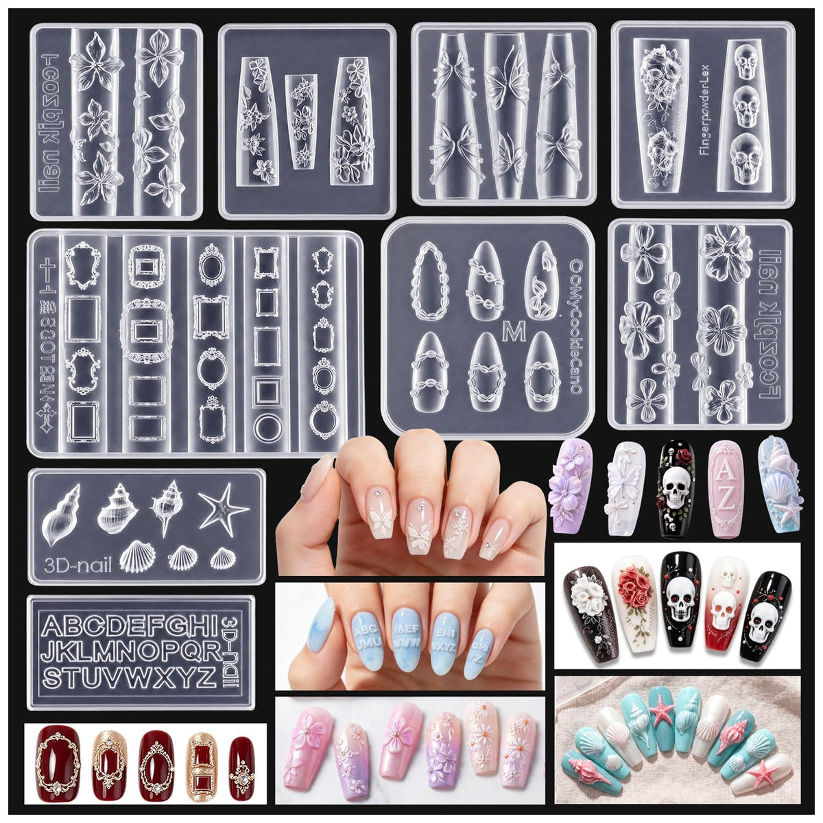 KQYSLXG front packaging showing nine silicone nail molds for versatile designs