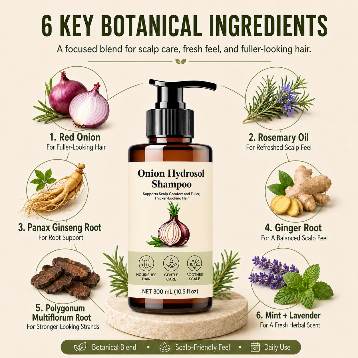 Kranla ingredients rosemary nettle castor oil arranged to show botanical benefits