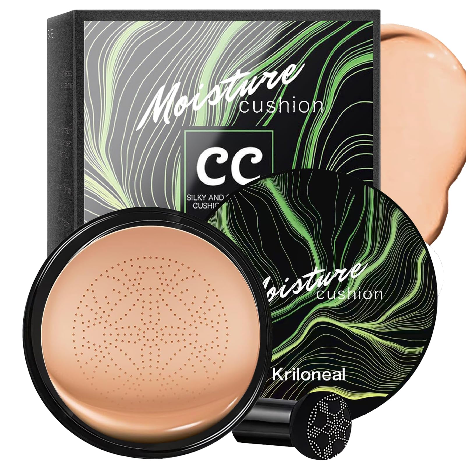 Kriloneal compact open showing cushion and mirror for easy touch-ups