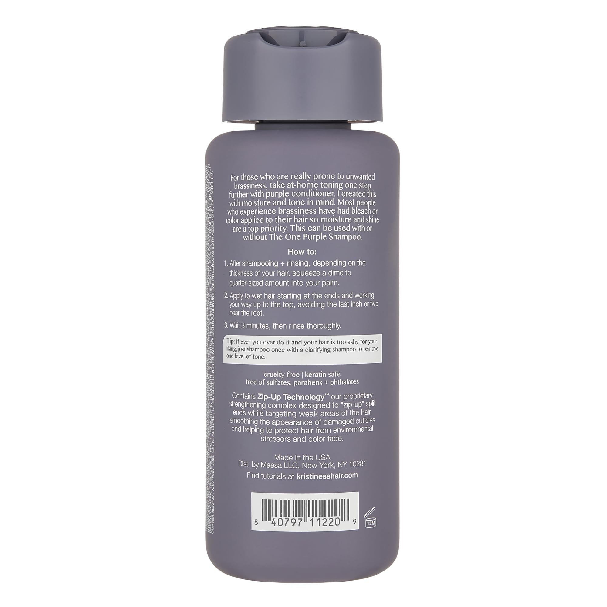 Kristin Ess conditioner creamy purple texture pouring, shows easy application