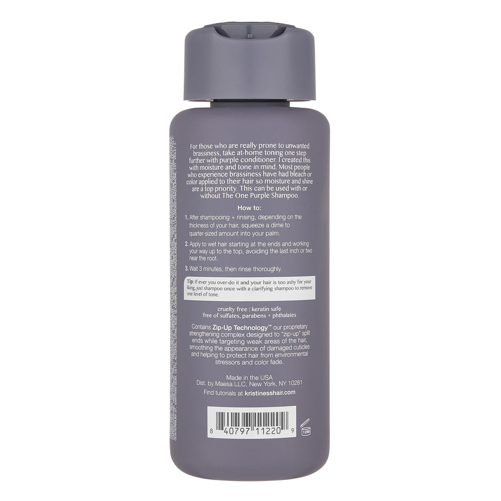 Kristin Ess conditioner creamy purple texture pouring, shows easy application