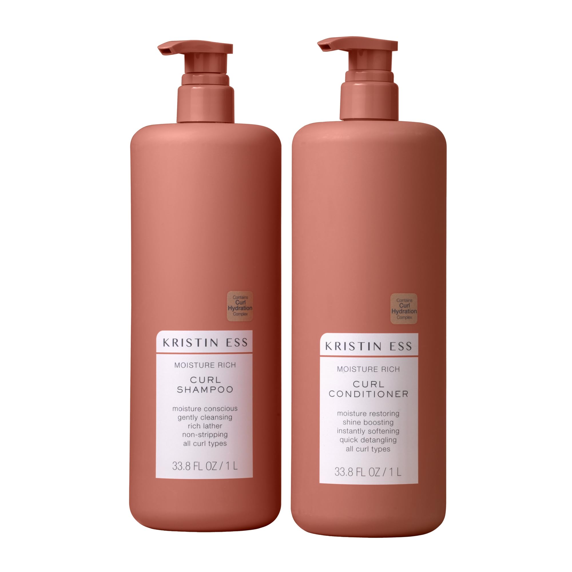 Kristin Ess front packaging showing curl shampoo and conditioner benefits