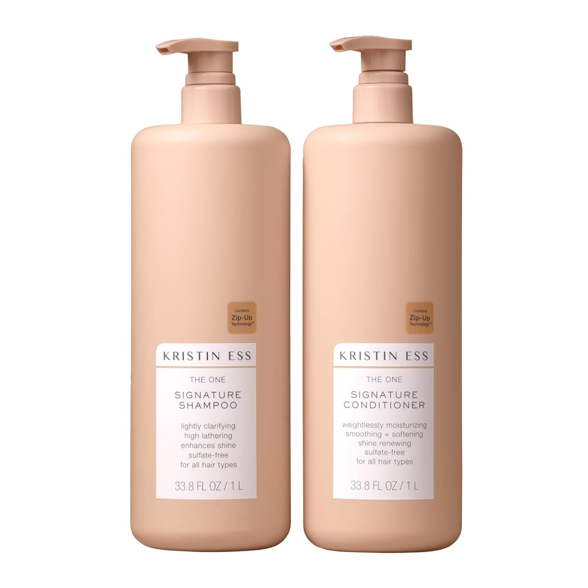 Kristin Ess front pump bottles showing label and pear fragrance benefit