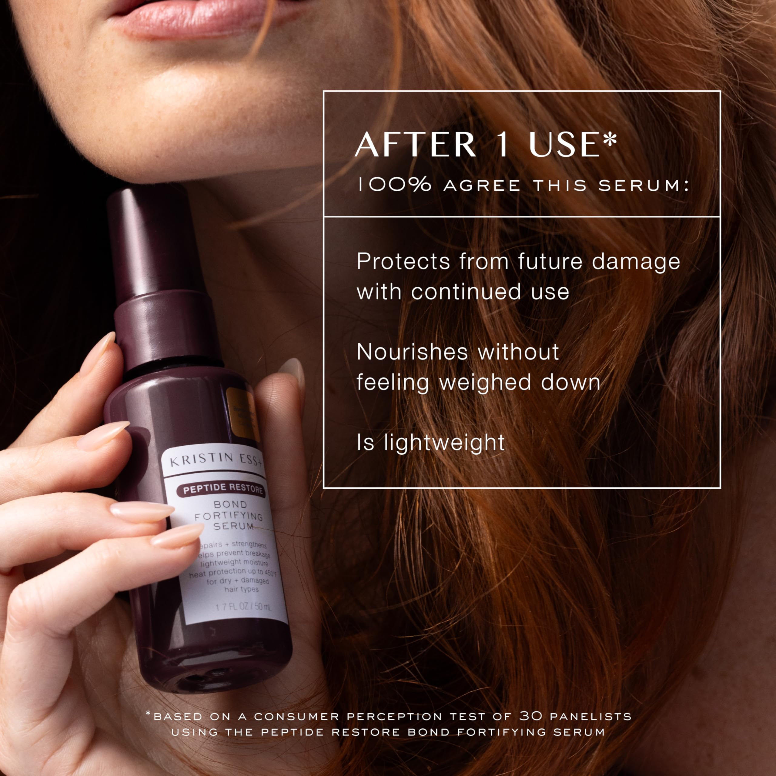 Kristin Ess bottle held in hand to show 1.7 fl oz size and portability benefit