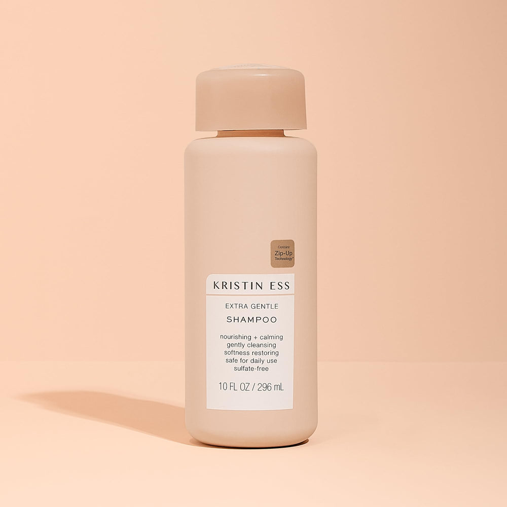 Ingredient label close-up on Kristin Ess shampoo displaying clean formula