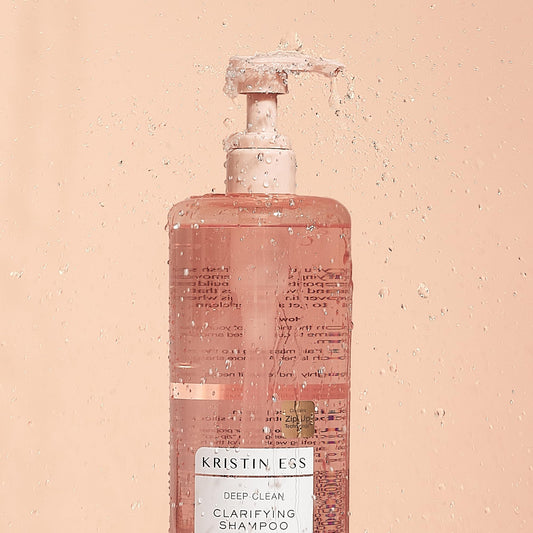 Kristin Ess clarifying shampoo pump close-up for easy dispensing benefit