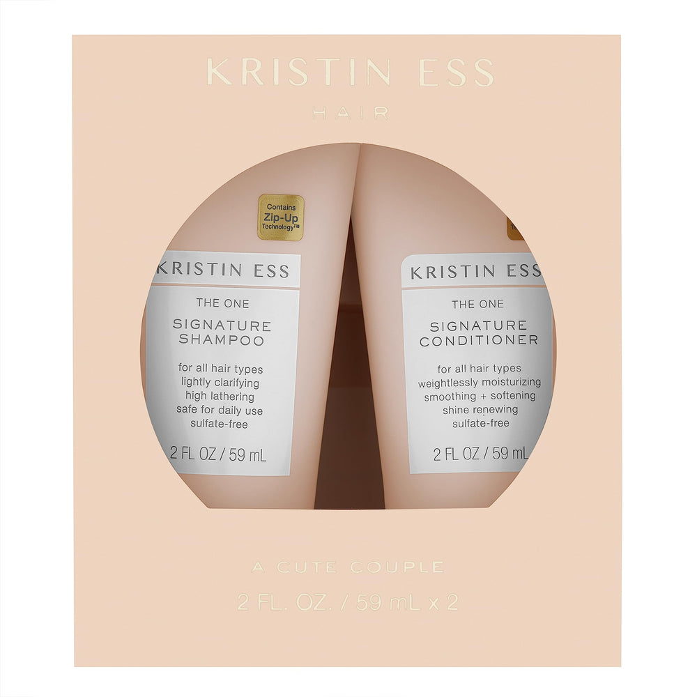 Kristin Ess travel duo front packaging showing compact bottles and brand benefits