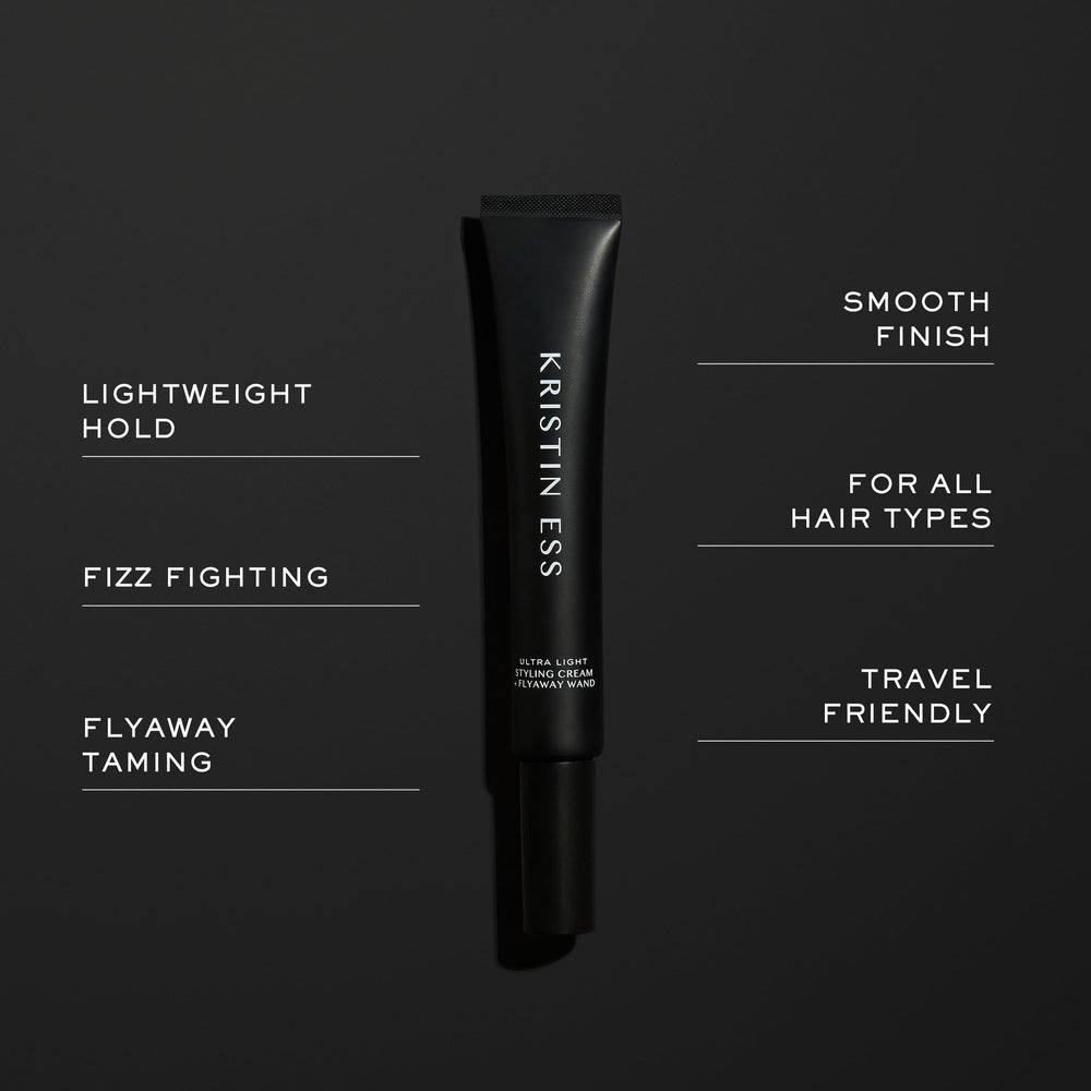 Kristin Ess wand smoothing flyaways on ponytail for polished, frizz-free finish benefit