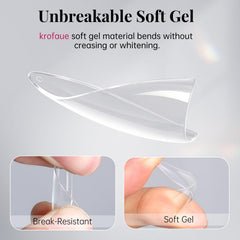 krofaue hand applying a clear tip to a nail, quick DIY press-on benefit