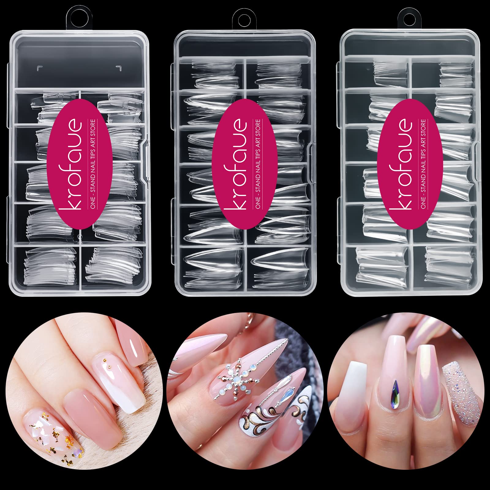 krofaue front packaging showing 340 clear nail tips and organized boxes, convenient set