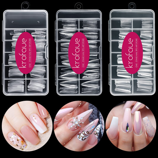 krofaue front packaging showing 340 clear nail tips and organized boxes, convenient set