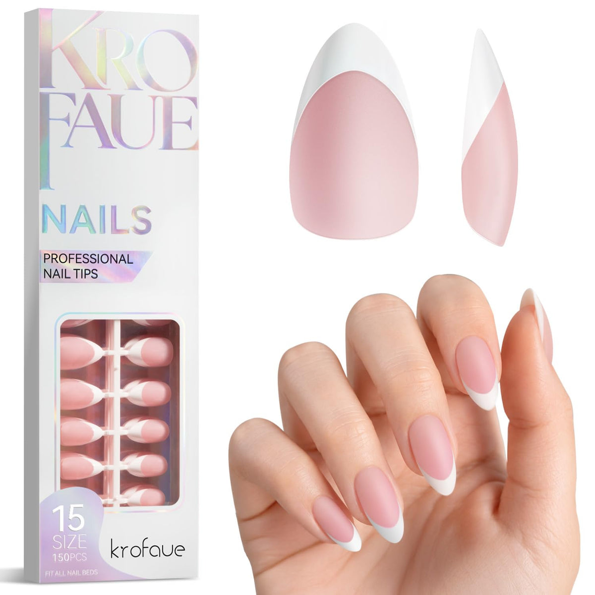 krofaue front packaging showing pink matte French tips and contents for quick application