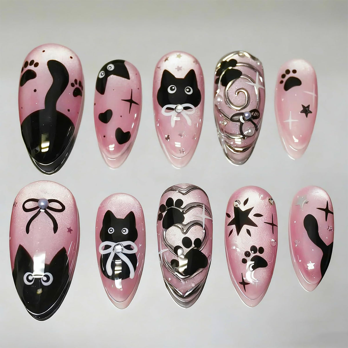 KRTBKR front full set showing 24 pink cat press-on nails and kit for instant style