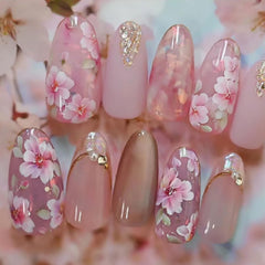 KRTBKR front packaging showing 24 pink flower press-on nails and glitter design benefits