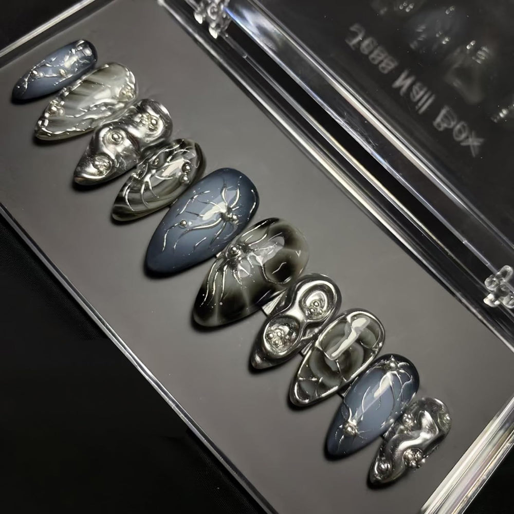 KRTBKR front packaging showing the goth almond press-on nails and clear benefit of ready-to-wear style