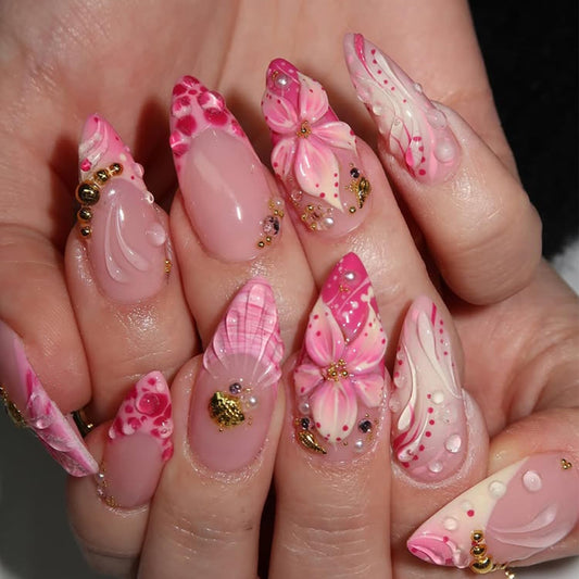 KRTBKR front packaging showing 30-piece pink floral press-on nails and tools for quick use