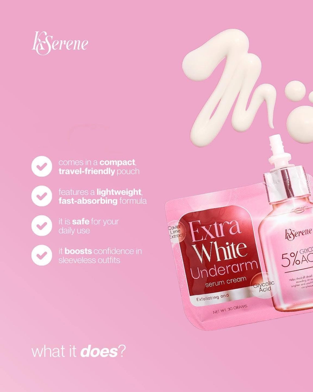 KSerene ingredient label displaying glycolic acid and botanicals for gentle renewal