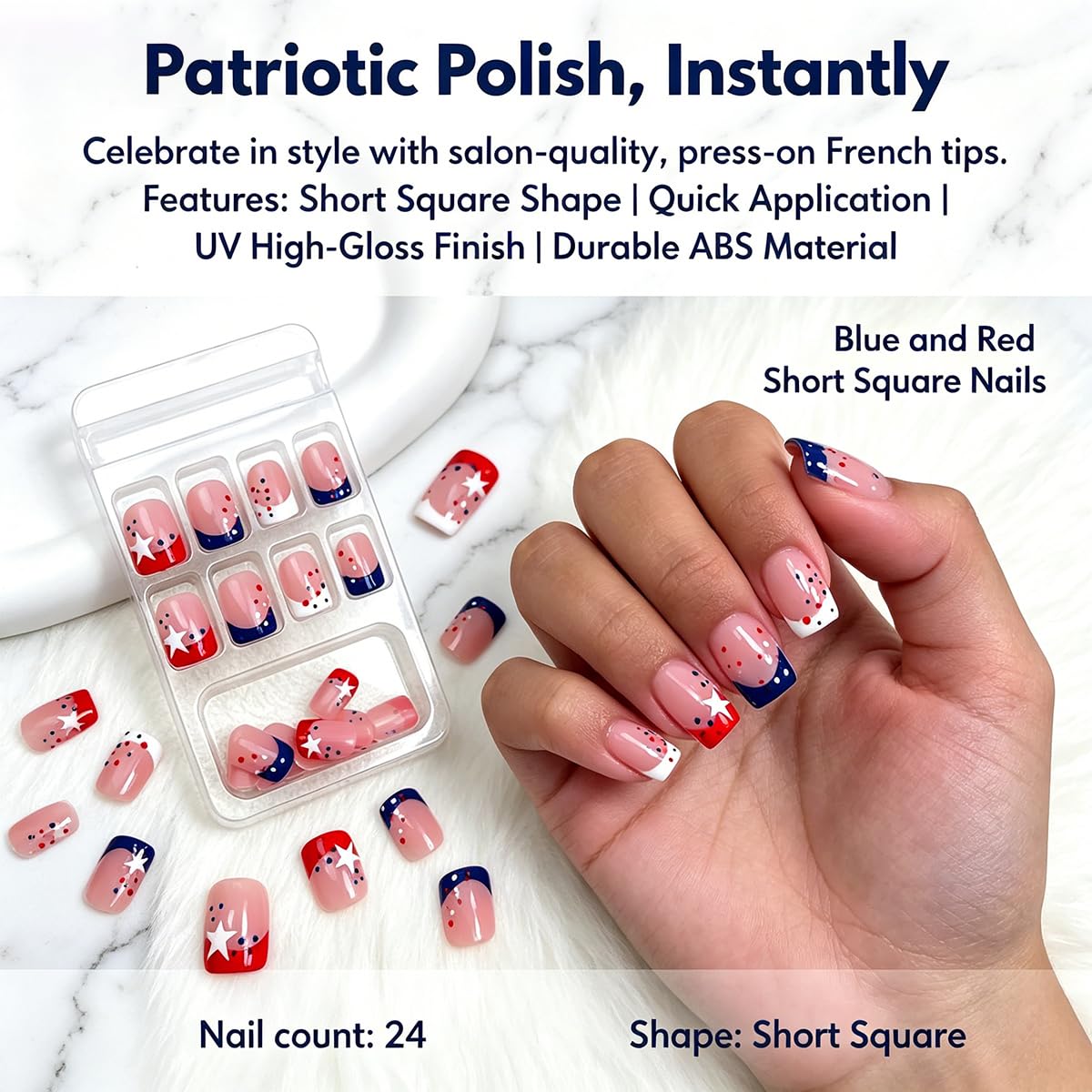 KTAABTR nails on model hand at Fourth of July event for instant festive style