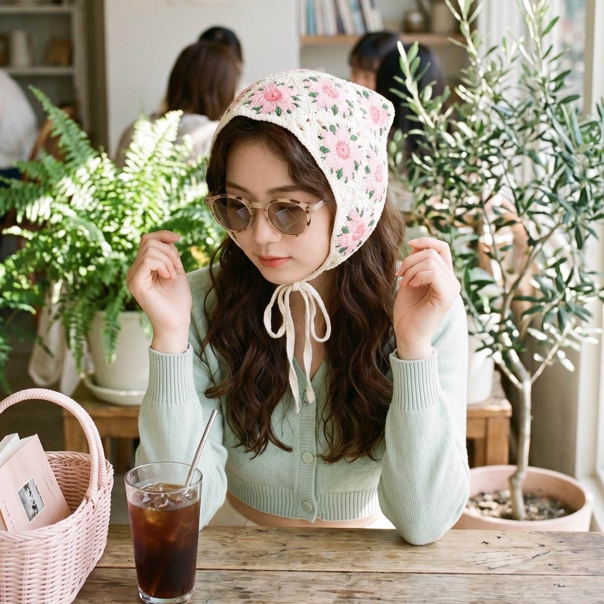 KuuGuu beige headscarf tied on model showcasing secure fit and everyday style