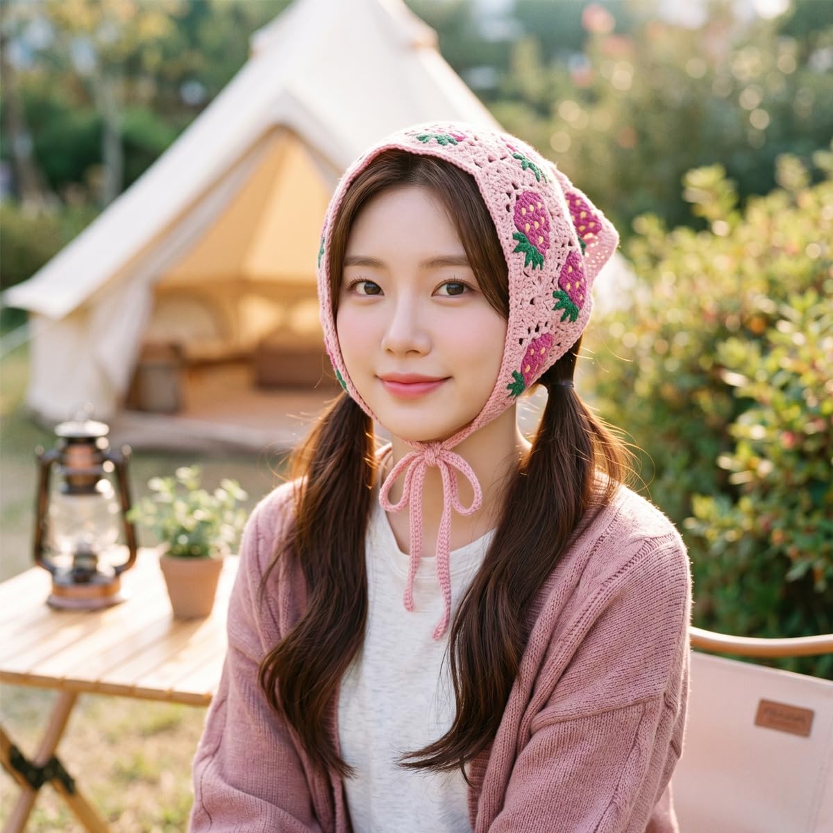 KuuGuu red floral bandana side profile illustrating coverage and decorative flair