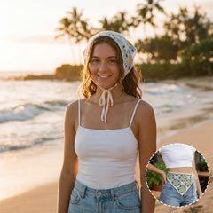 KuuGuu bandana size comparison on hand showing triangular dimensions and scale