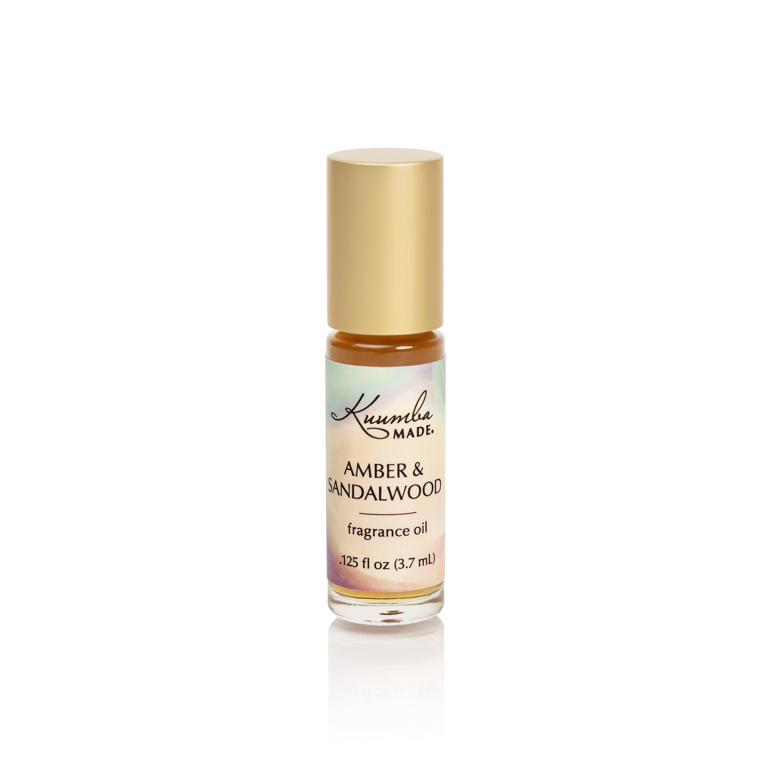 Kuumba Made front bottle view showing amber sandalwood label and elegant packaging benefit: easy identification